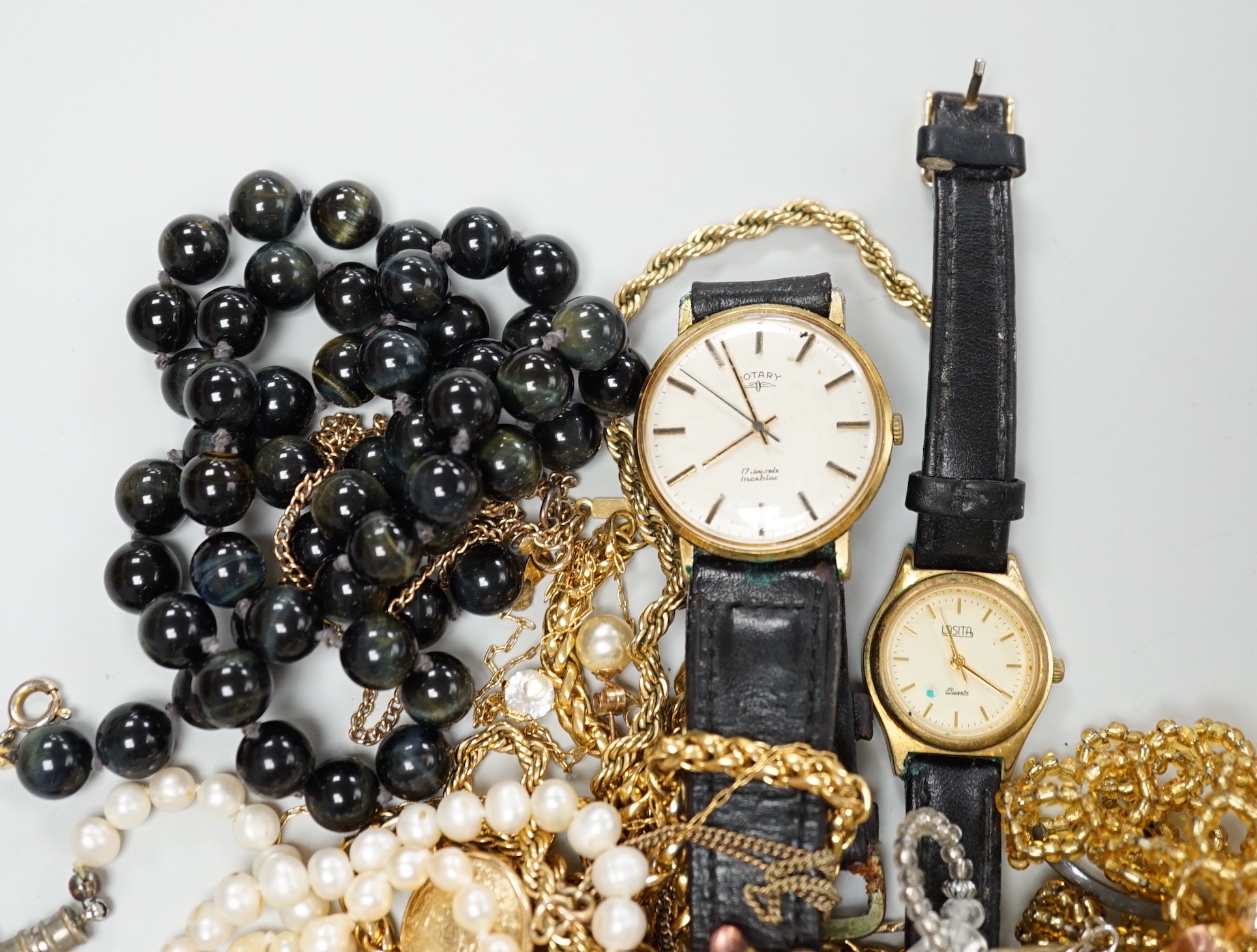 A quantity of assorted costume jewellery and wrist watches including a gentleman's steel and gold plated Rotary.